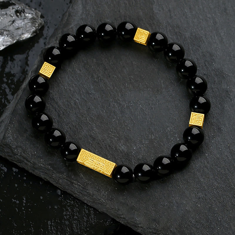Nimara Ritual Black Obsidian 925 Sterling Silver Fu Character Cube Strength Bracelet