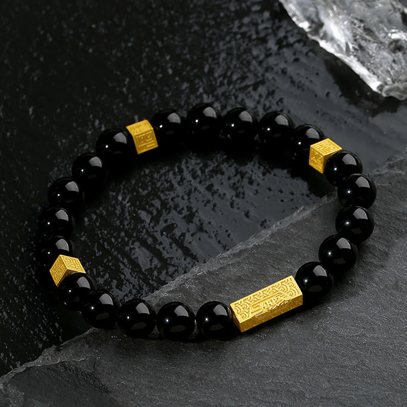 Nimara Ritual Black Obsidian 925 Sterling Silver Fu Character Cube Strength Bracelet
