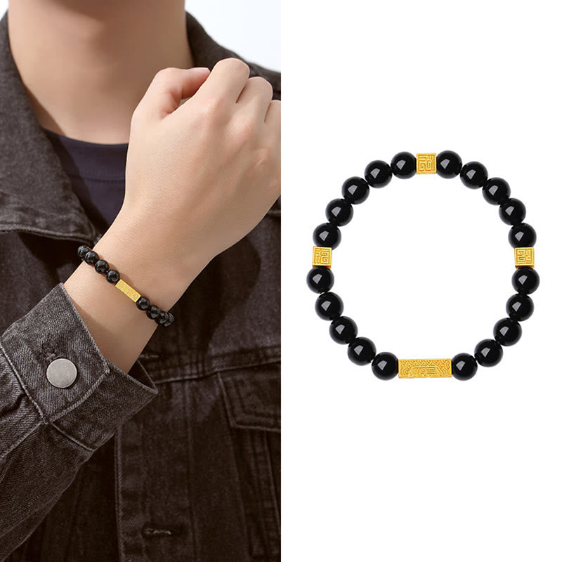 Nimara Ritual Black Obsidian 925 Sterling Silver Fu Character Cube Strength Bracelet
