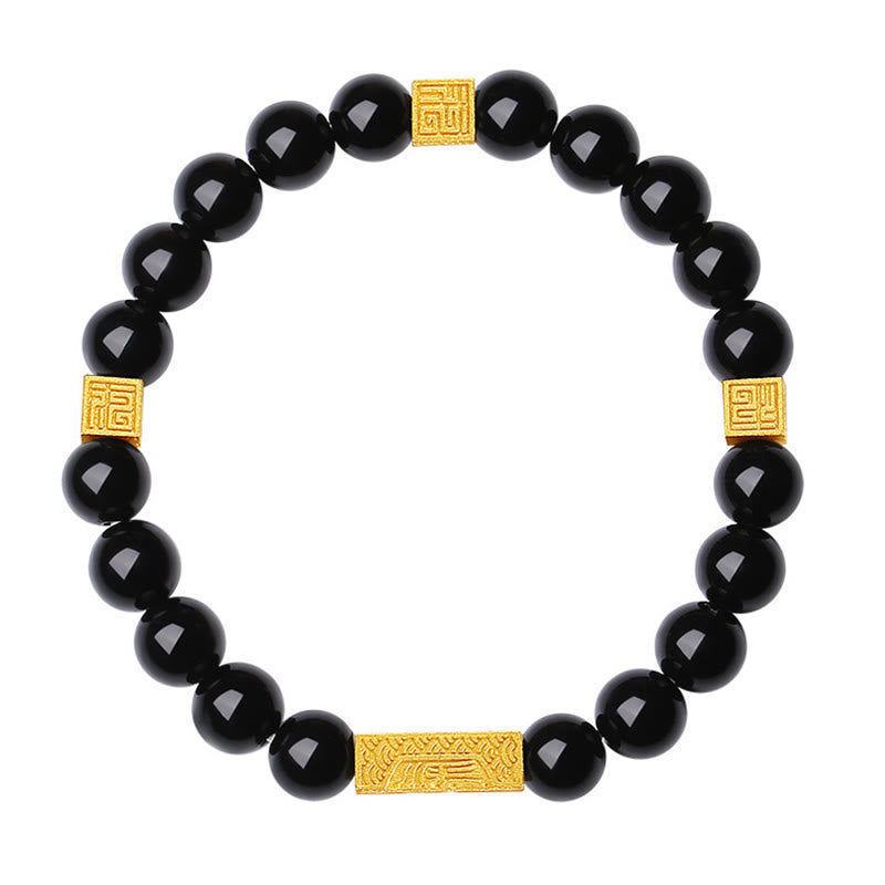 Nimara Ritual Black Obsidian 925 Sterling Silver Fu Character Cube Strength Bracelet
