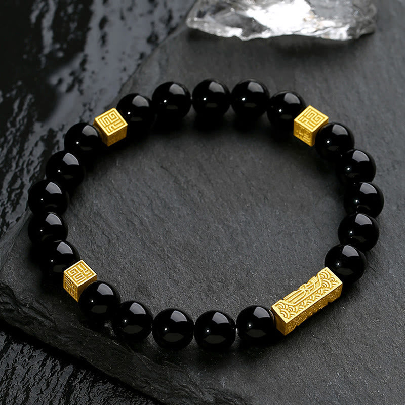 Nimara Ritual Black Obsidian 925 Sterling Silver Fu Character Cube Strength Bracelet
