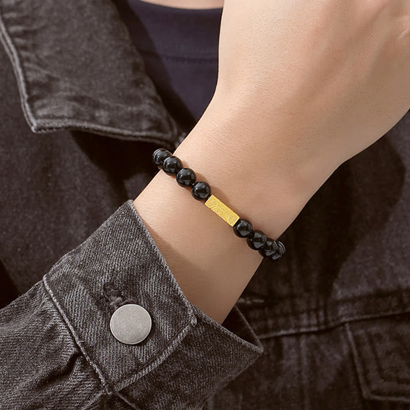 Nimara Ritual Black Obsidian 925 Sterling Silver Fu Character Cube Strength Bracelet