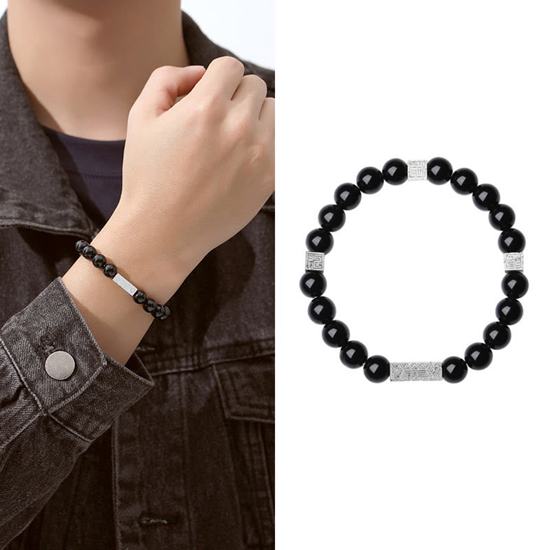 Nimara Ritual Black Obsidian 925 Sterling Silver Fu Character Cube Strength Bracelet