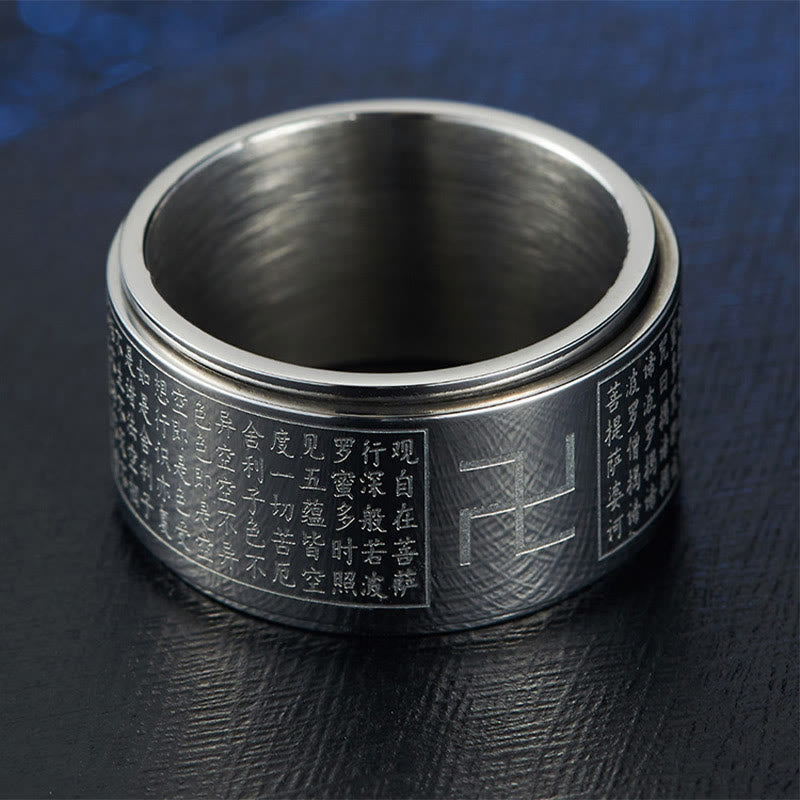 Nimara Ritual Heart Sutra Swastika Titanium Steel Luck Rotatable Ring