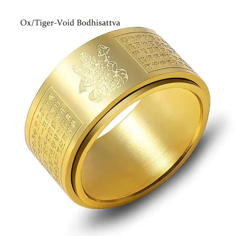Nimara Ritual Chinese Zodiac Natal Buddha Heart Sutra Carved Titanium Steel Calm Rotatable Ring