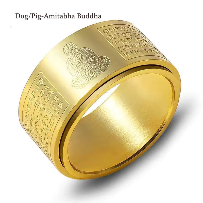 Nimara Ritual Chinese Zodiac Natal Buddha Heart Sutra Carved Titanium Steel Calm Rotatable Ring
