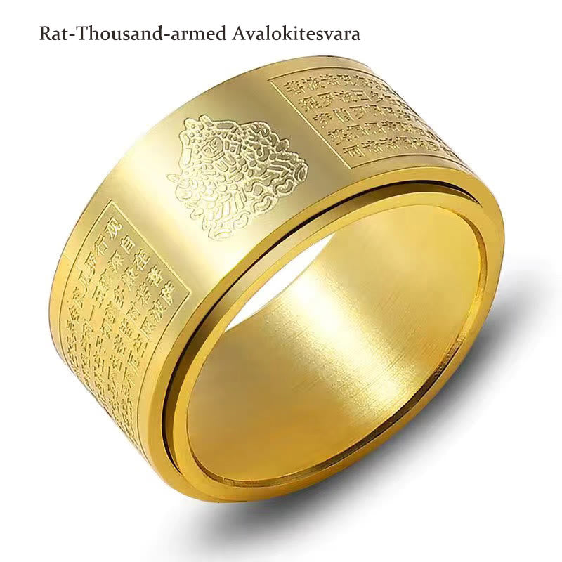 Nimara Ritual Chinese Zodiac Natal Buddha Heart Sutra Carved Titanium Steel Calm Rotatable Ring