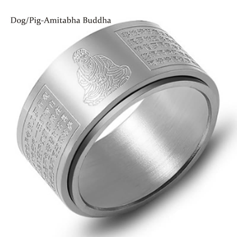 Nimara Ritual Chinese Zodiac Natal Buddha Heart Sutra Carved Titanium Steel Calm Rotatable Ring