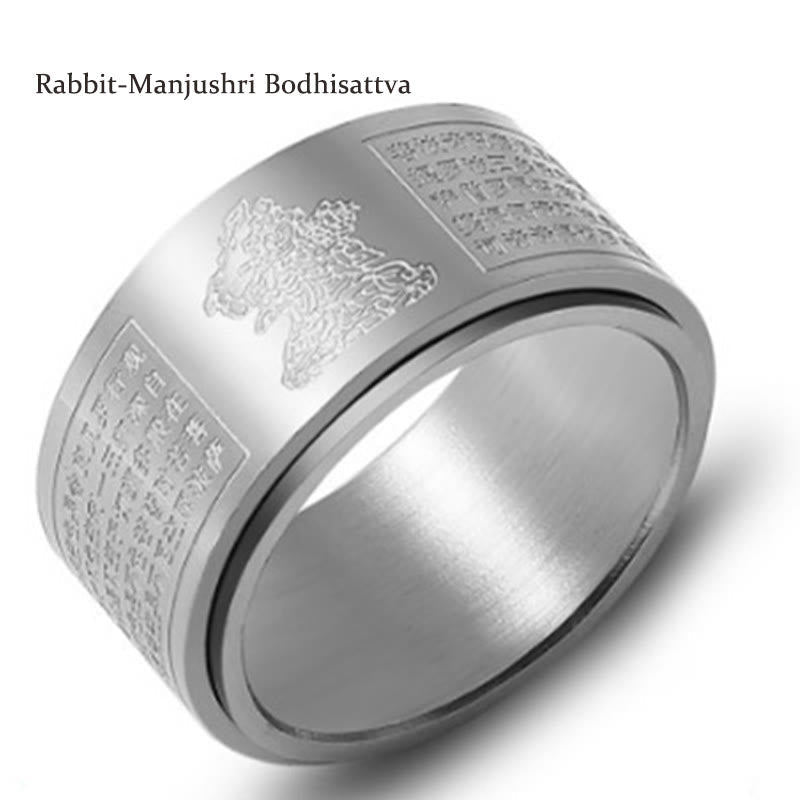 Nimara Ritual Chinese Zodiac Natal Buddha Heart Sutra Carved Titanium Steel Calm Rotatable Ring
