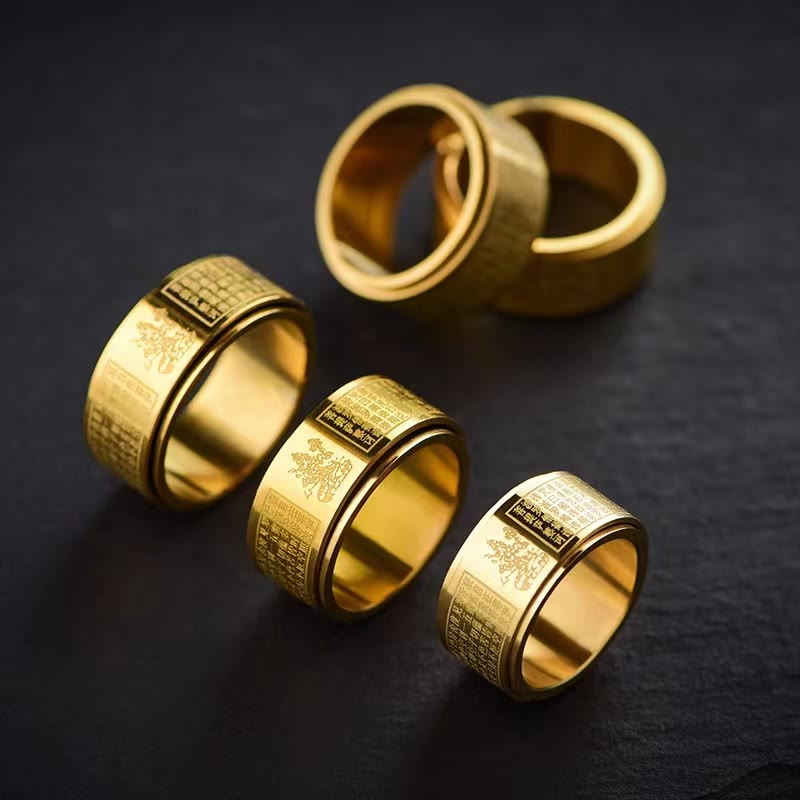 Nimara Ritual Chinese Zodiac Natal Buddha Heart Sutra Carved Titanium Steel Calm Rotatable Ring