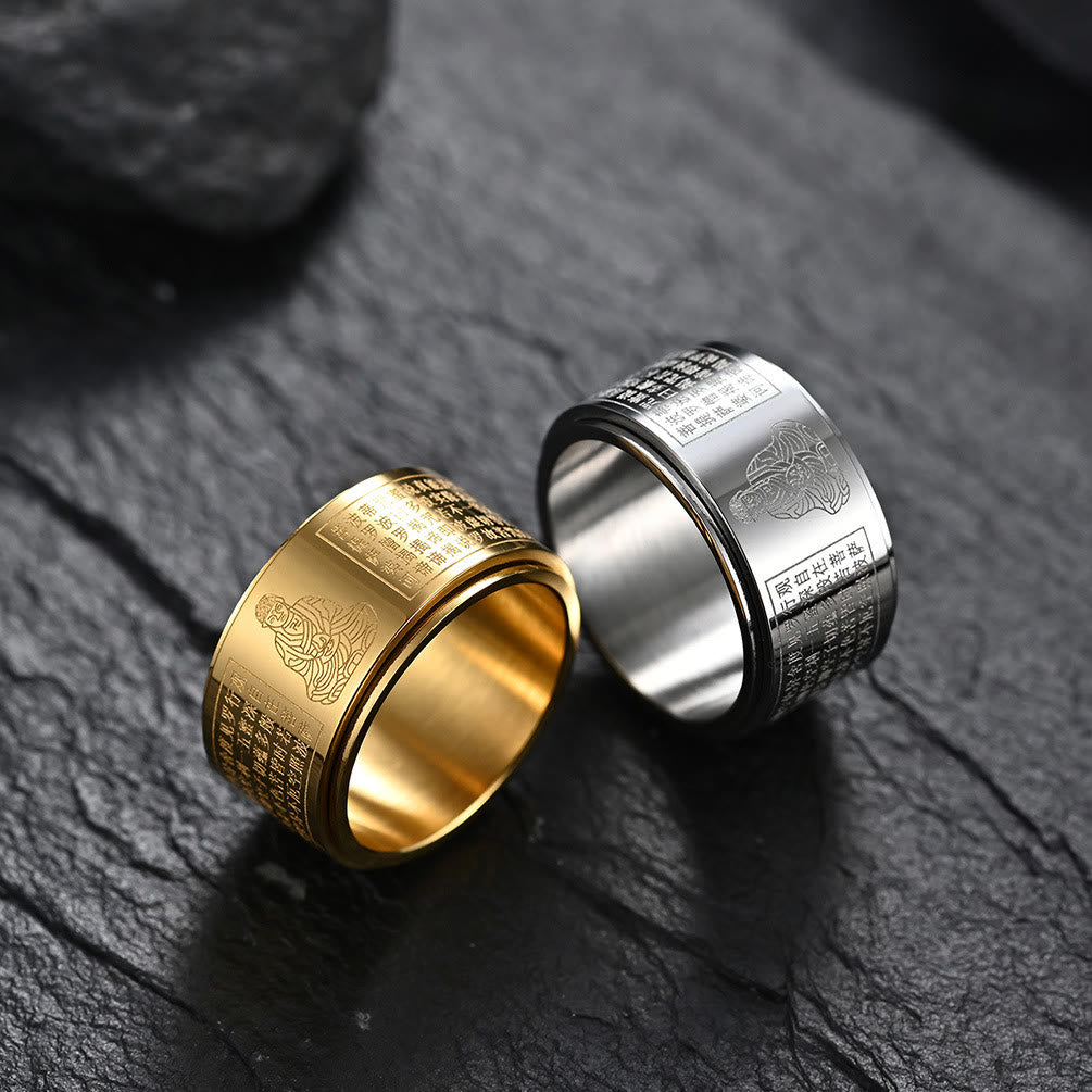 Nimara Ritual Chinese Zodiac Natal Buddha Heart Sutra Carved Titanium Steel Calm Rotatable Ring