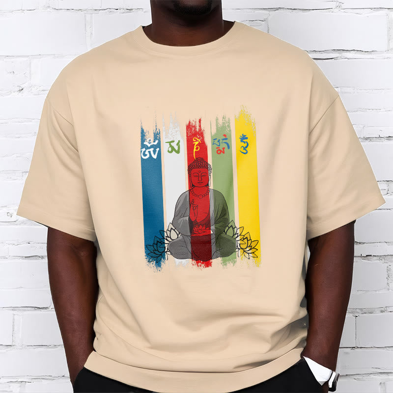 Nimara Ritual Six True Words 'Om Mani Padme Hum' Buddha Sitting With Lotus Cotton Tee T-shirt