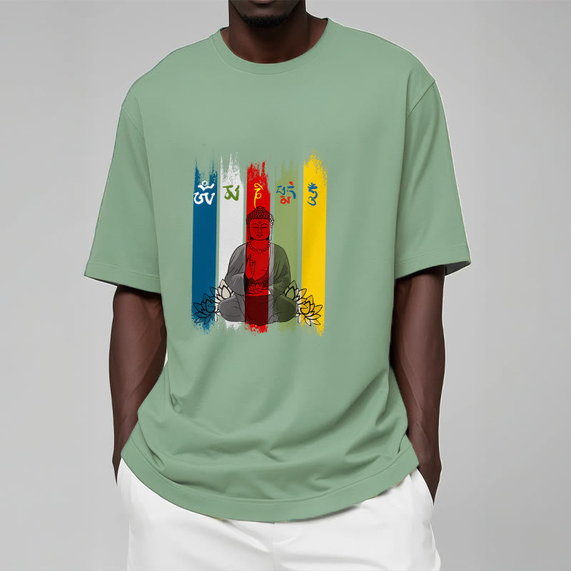 Nimara Ritual Six True Words 'Om Mani Padme Hum' Buddha Sitting With Lotus Cotton Tee T-shirt