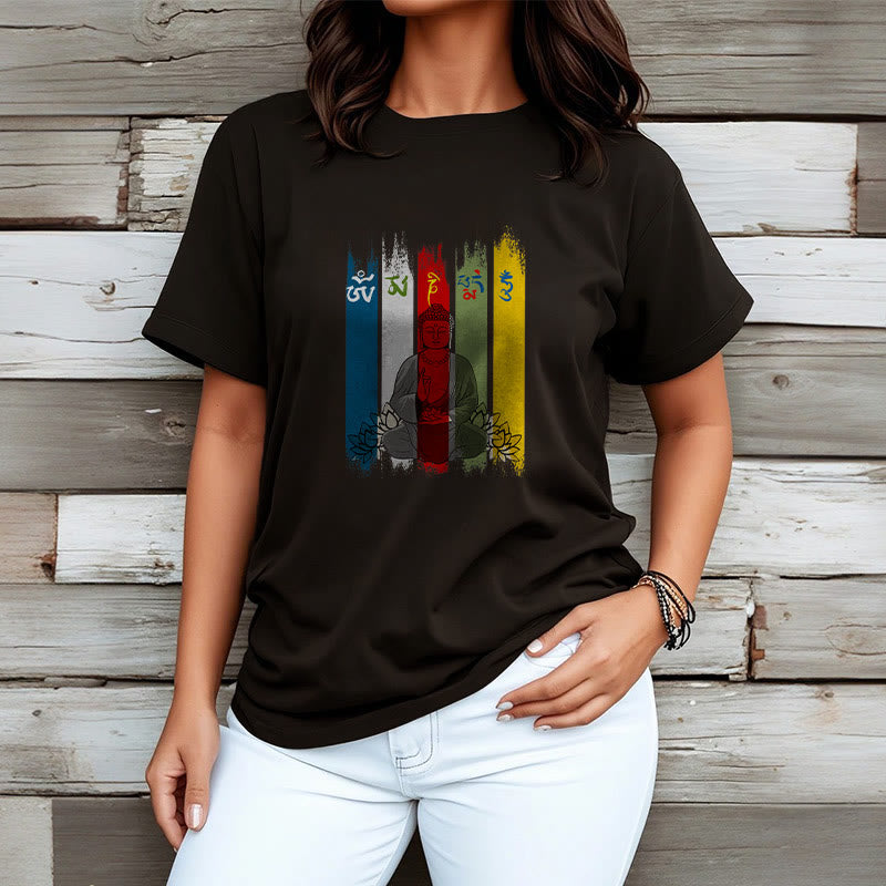 Nimara Ritual Six True Words 'Om Mani Padme Hum' Buddha Sitting With Lotus Cotton Tee T-shirt