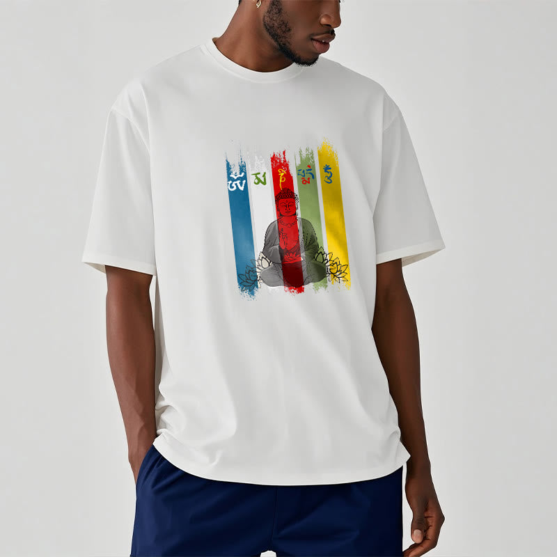Nimara Ritual Six True Words 'Om Mani Padme Hum' Buddha Sitting With Lotus Cotton Tee T-shirt