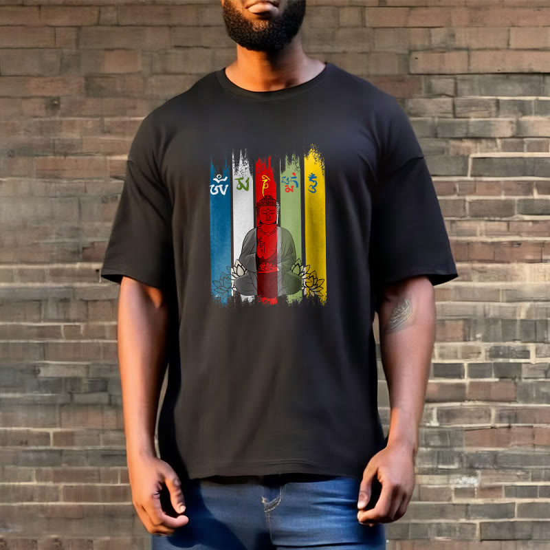Nimara Ritual Six True Words 'Om Mani Padme Hum' Buddha Sitting With Lotus Cotton Tee T-shirt