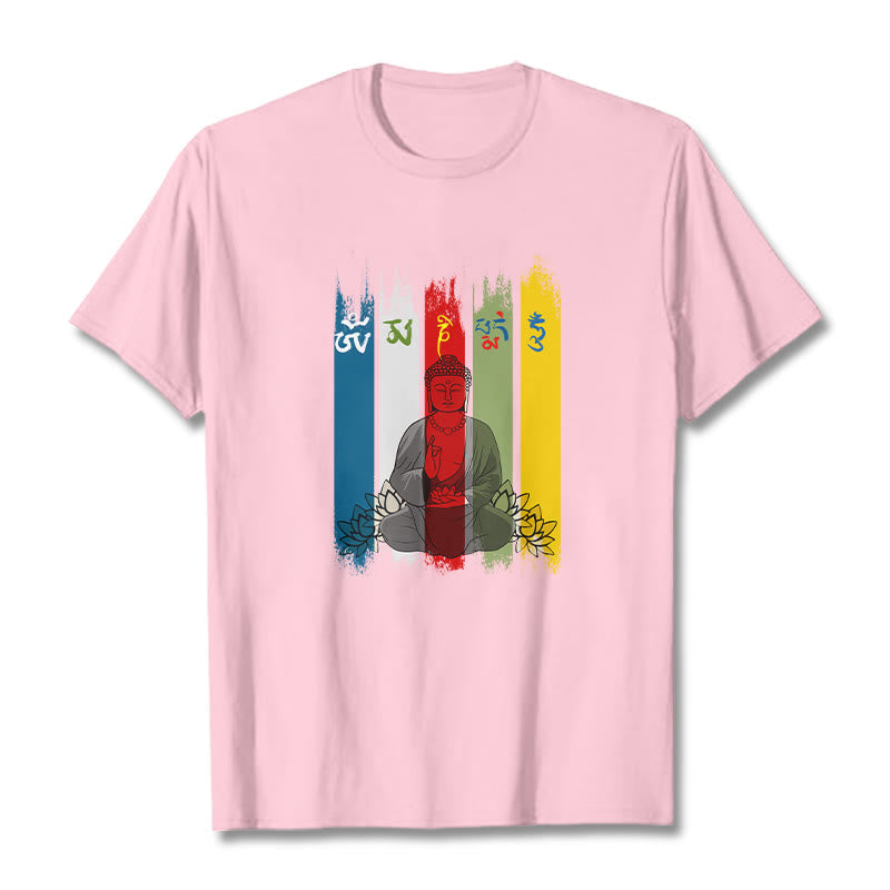 Nimara Ritual Six True Words 'Om Mani Padme Hum' Buddha Sitting With Lotus Cotton Tee T-shirt