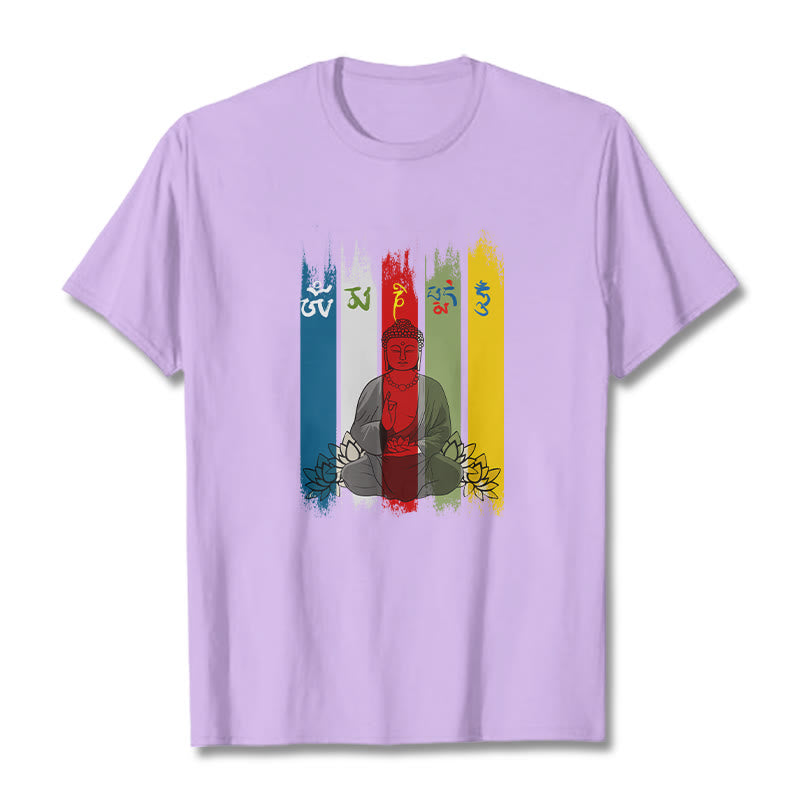 Nimara Ritual Six True Words 'Om Mani Padme Hum' Buddha Sitting With Lotus Cotton Tee T-shirt