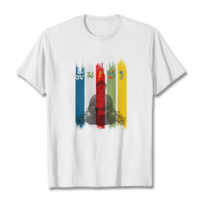 Nimara Ritual Six True Words 'Om Mani Padme Hum' Buddha Sitting With Lotus Cotton Tee T-shirt