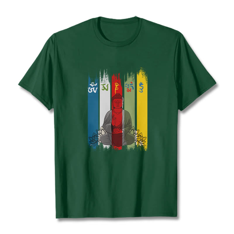 Nimara Ritual Six True Words 'Om Mani Padme Hum' Buddha Sitting With Lotus Cotton Tee T-shirt