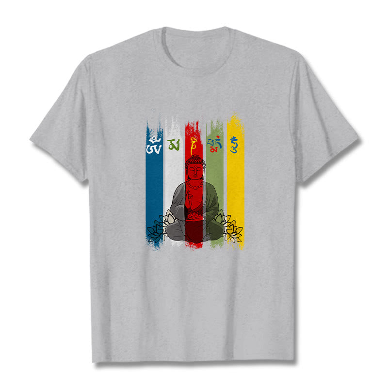 Nimara Ritual Six True Words 'Om Mani Padme Hum' Buddha Sitting With Lotus Cotton Tee T-shirt
