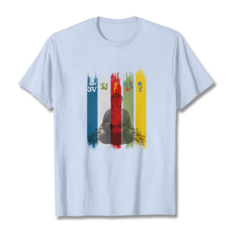 Nimara Ritual Six True Words 'Om Mani Padme Hum' Buddha Sitting With Lotus Cotton Tee T-shirt