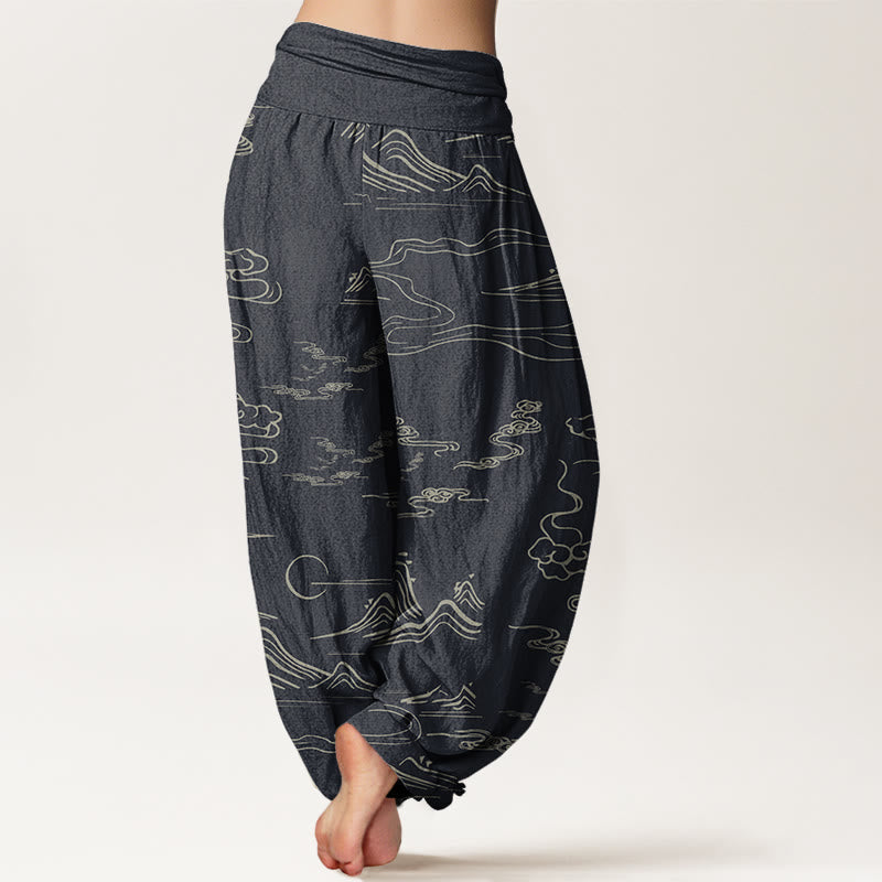 Nimara Ritual Cotton Mountain Moon Auspicious Clouds Pattern Women's Elastic Waist Harem Pants