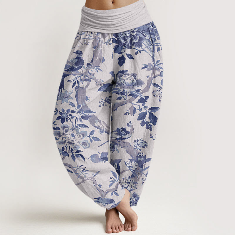 Nimara Ritual Cotton Birds Branches Flowers Pattern Women's Elastic Waist Harem Pants