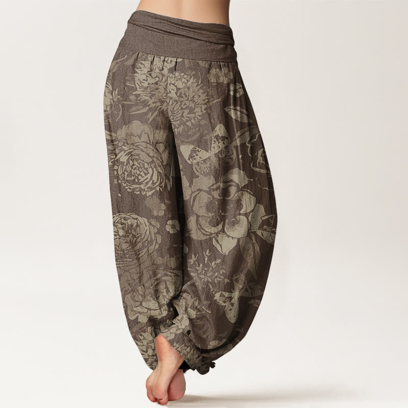 Nimara Ritual Cotton Casual Peony Flowers Leaves Women's Elastic Waist Harem Pants