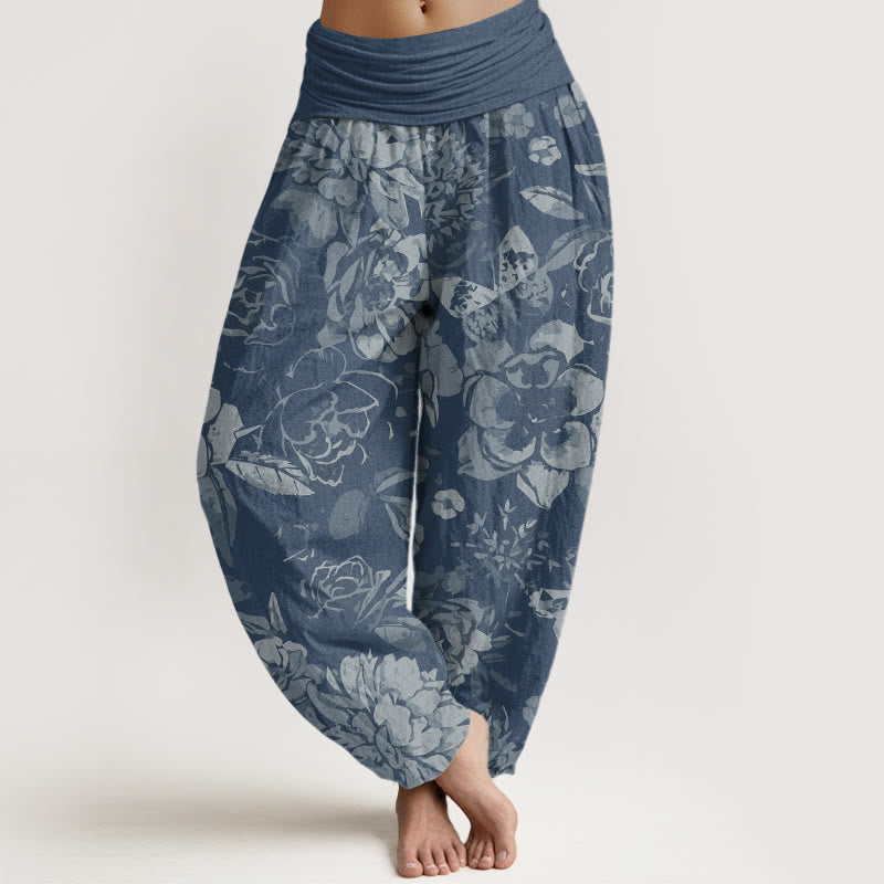 Nimara Ritual Cotton Casual Peony Flowers Leaves Women's Elastic Waist Harem Pants