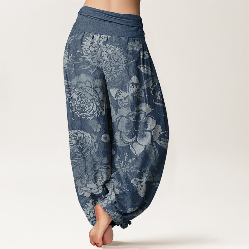 Nimara Ritual Cotton Casual Peony Flowers Leaves Women's Elastic Waist Harem Pants