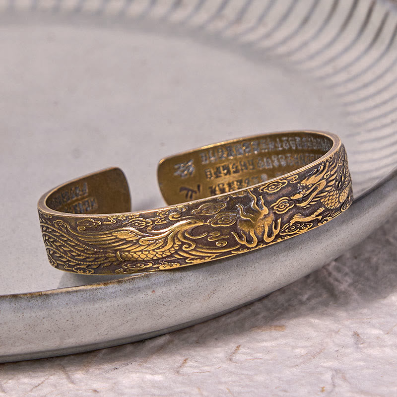 Nimara Ritual Dragon And Phoenix Playing With A Pearl Heart Sutra Carved Copper Brass Luck Bracelet Bangle