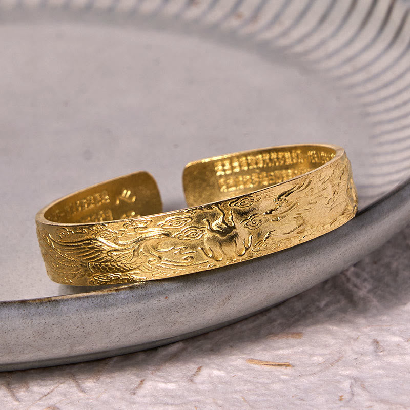 Nimara Ritual Dragon And Phoenix Playing With A Pearl Heart Sutra Carved Copper Brass Luck Bracelet Bangle