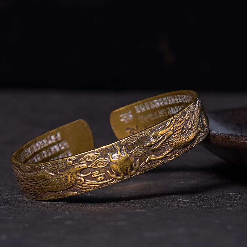Nimara Ritual Dragon And Phoenix Playing With A Pearl Heart Sutra Carved Copper Brass Luck Bracelet Bangle