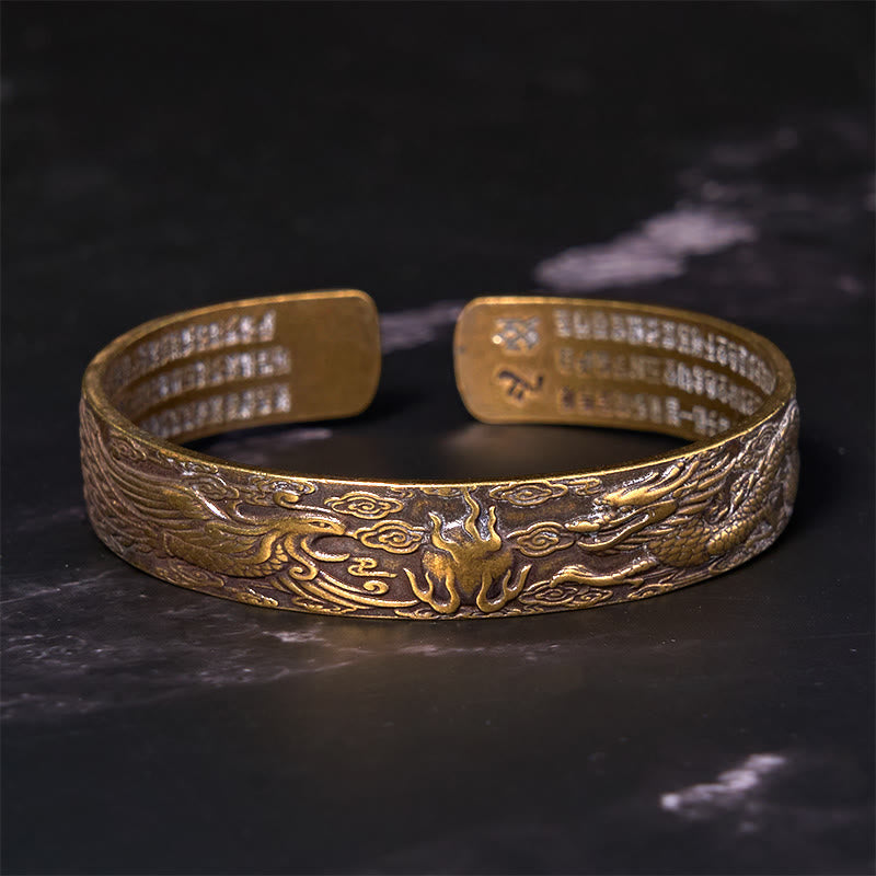 Nimara Ritual Dragon And Phoenix Playing With A Pearl Heart Sutra Carved Copper Brass Luck Bracelet Bangle