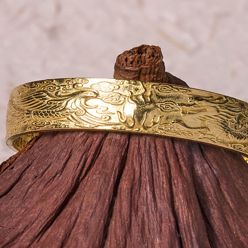 Nimara Ritual Dragon And Phoenix Playing With A Pearl Heart Sutra Carved Copper Brass Luck Bracelet Bangle