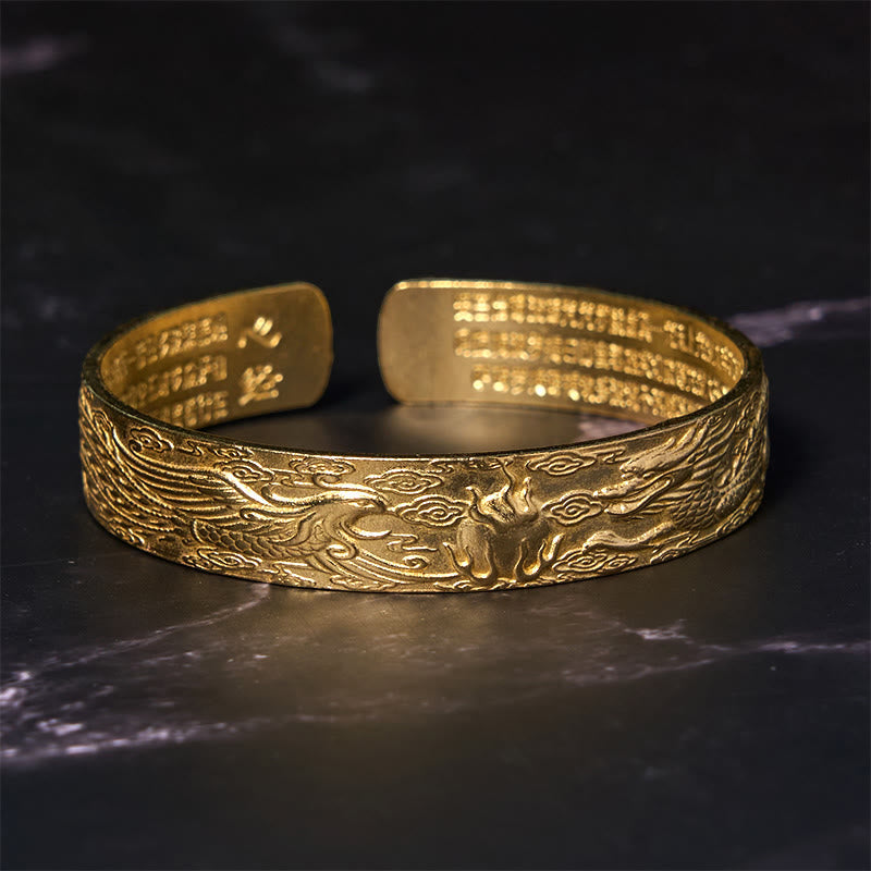 Nimara Ritual Dragon And Phoenix Playing With A Pearl Heart Sutra Carved Copper Brass Luck Bracelet Bangle