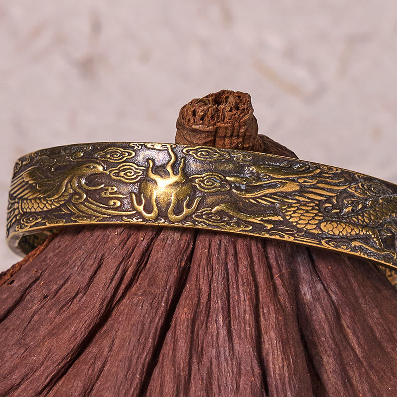 Nimara Ritual Dragon And Phoenix Playing With A Pearl Heart Sutra Carved Copper Brass Luck Bracelet Bangle
