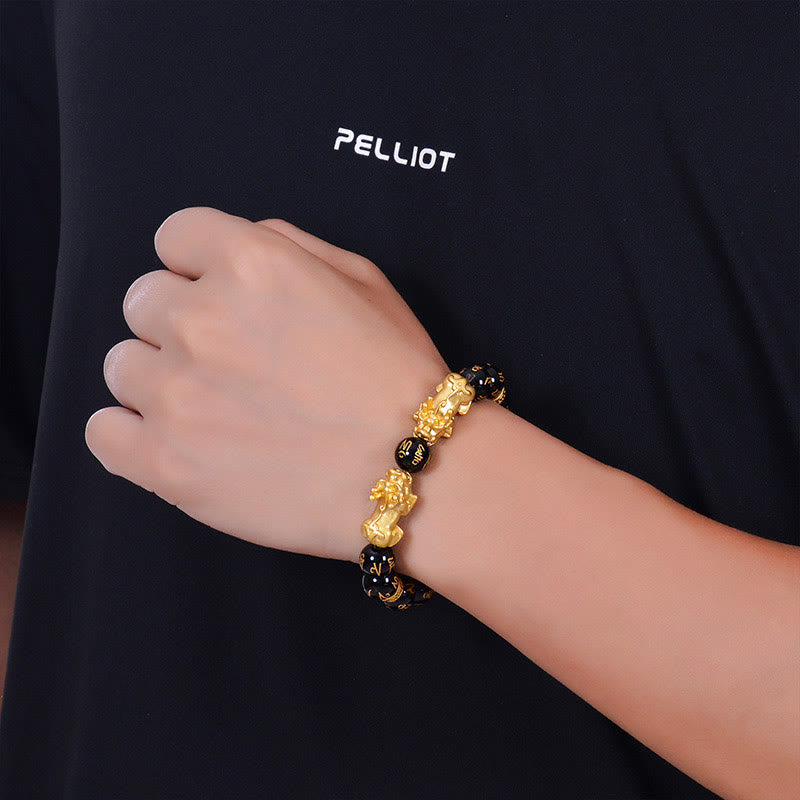 Nimara Ritual Black Obsidian Black Onyx Golden Alloy Two PiXiu Om Mani Padme Hum Strength Bracelet