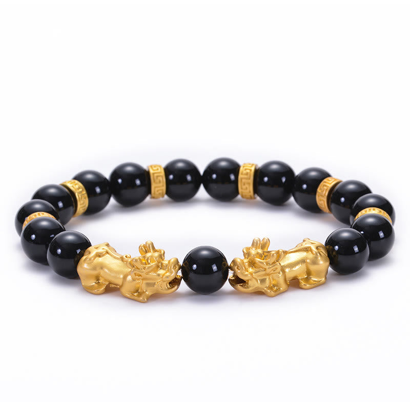Nimara Ritual Black Obsidian Black Onyx Golden Alloy Two PiXiu Om Mani Padme Hum Strength Bracelet