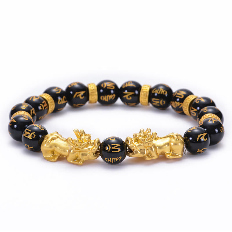 Nimara Ritual Black Obsidian Black Onyx Golden Alloy Two PiXiu Om Mani Padme Hum Strength Bracelet