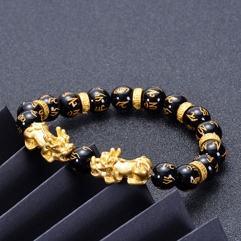 Nimara Ritual Black Obsidian Black Onyx Golden Alloy Two PiXiu Om Mani Padme Hum Strength Bracelet