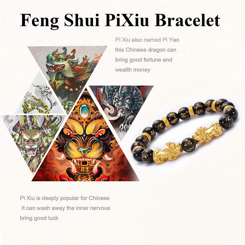 Nimara Ritual Black Obsidian Black Onyx Golden Alloy Two PiXiu Om Mani Padme Hum Strength Bracelet