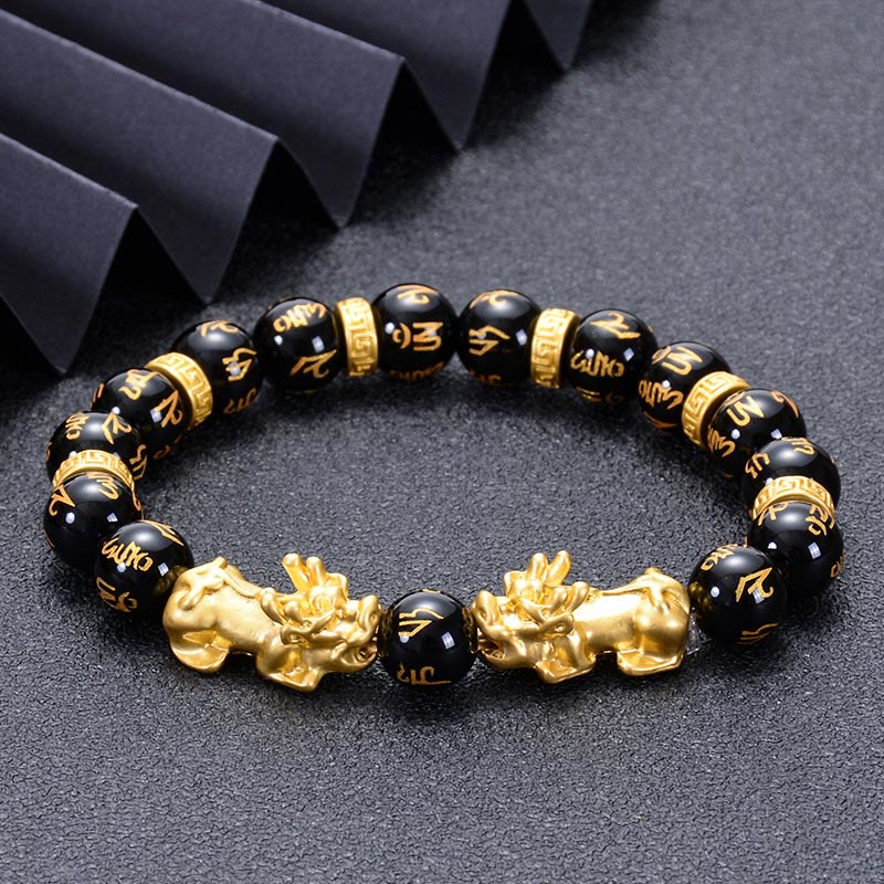 Nimara Ritual Black Obsidian Black Onyx Golden Alloy Two PiXiu Om Mani Padme Hum Strength Bracelet