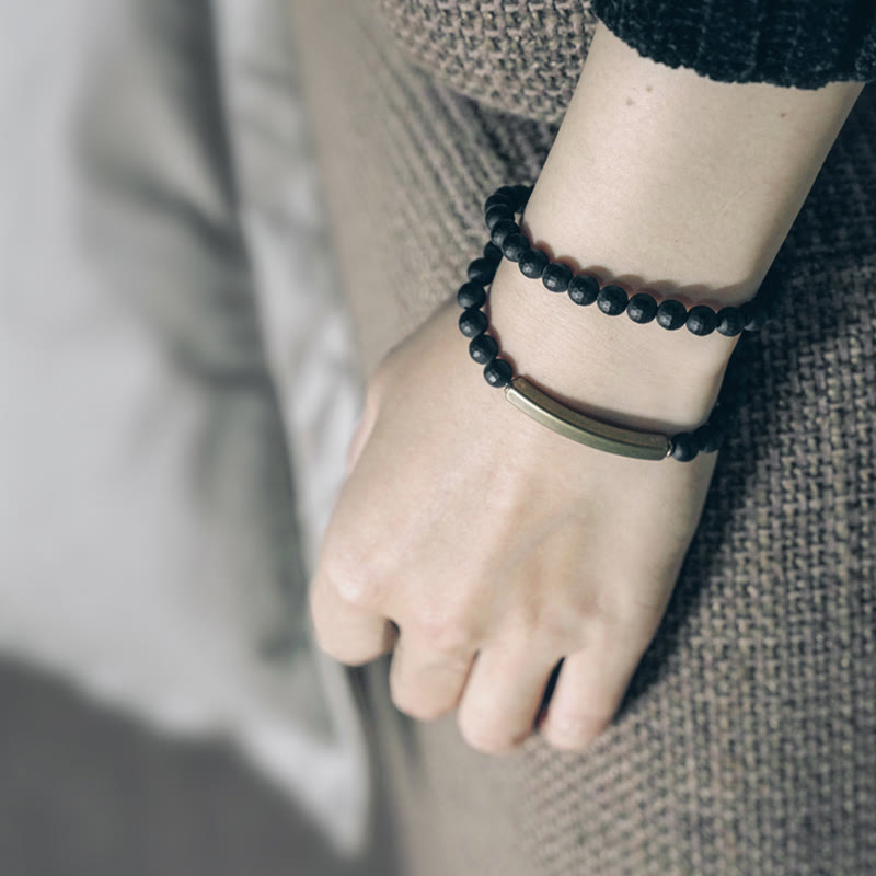 Nimara Ritual Frosted Cut Surface Black Onyx Copper Brass Double Wrap Protection Bracelet