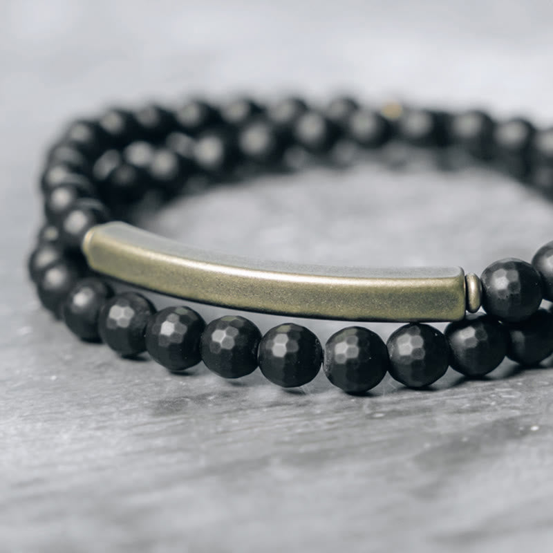 Nimara Ritual Frosted Cut Surface Black Onyx Copper Brass Double Wrap Protection Bracelet