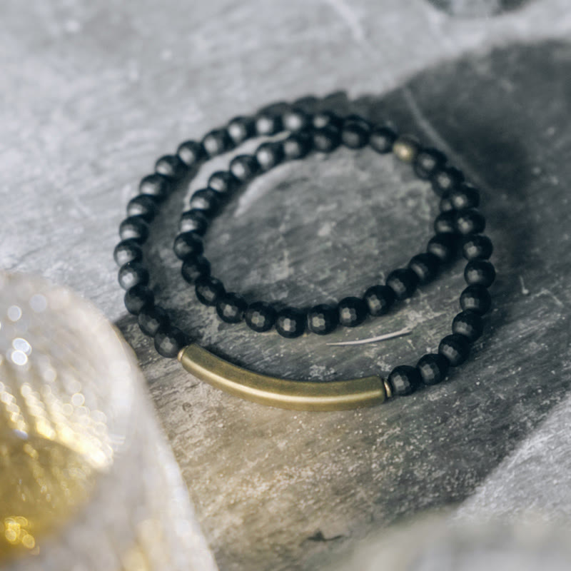Nimara Ritual Frosted Cut Surface Black Onyx Copper Brass Double Wrap Protection Bracelet