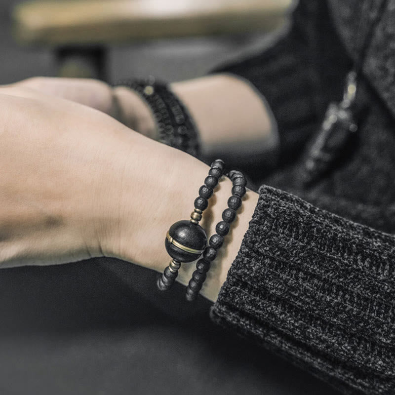 Nimara Ritual Frosted Cut Surface Black Onyx Ebony Beads Double Wrap Protection Bracelet