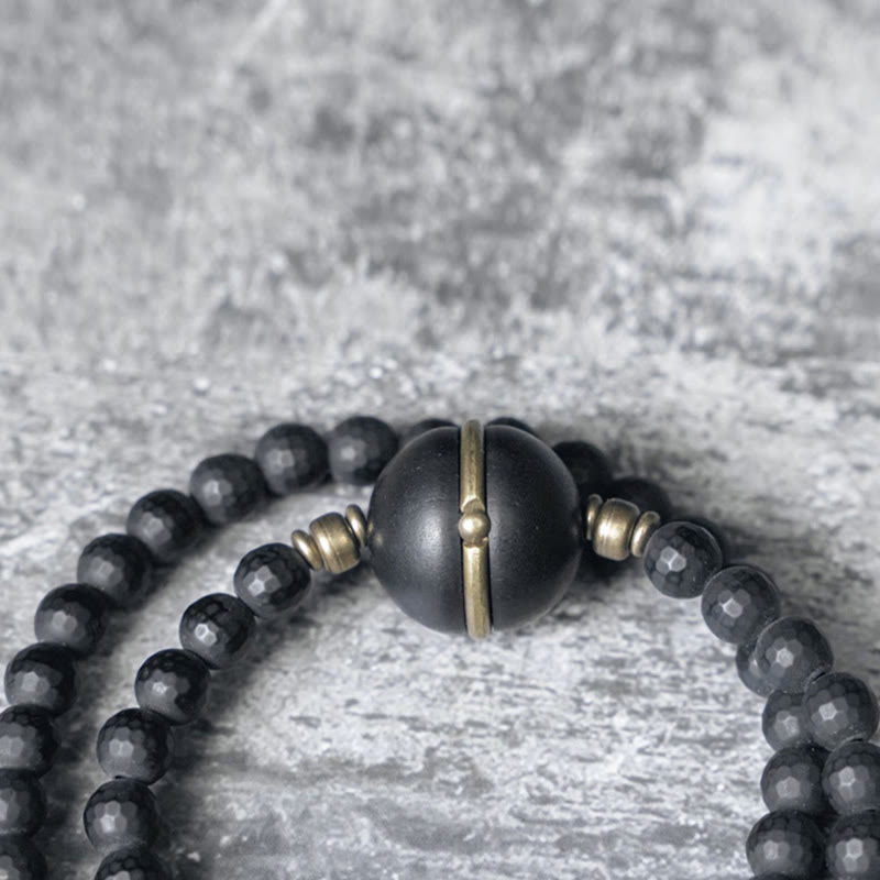 Nimara Ritual Frosted Cut Surface Black Onyx Ebony Beads Double Wrap Protection Bracelet