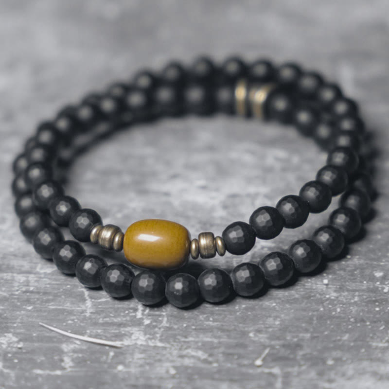Nimara Ritual Frosted Cut Surface Black Onyx Topaz Beads Double Wrap Protection Bracelet